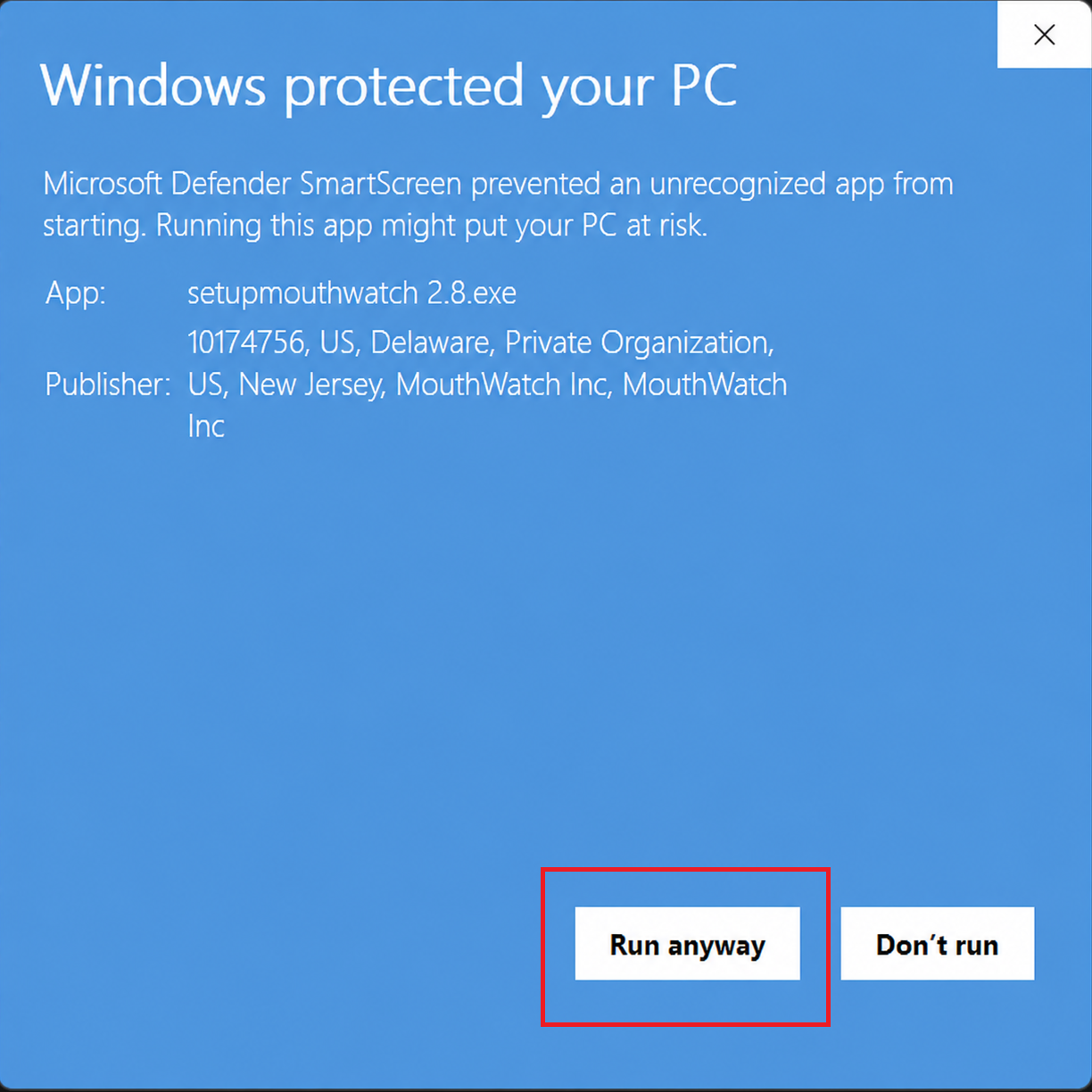 Windows SmartScreen message showing the Run anyway option