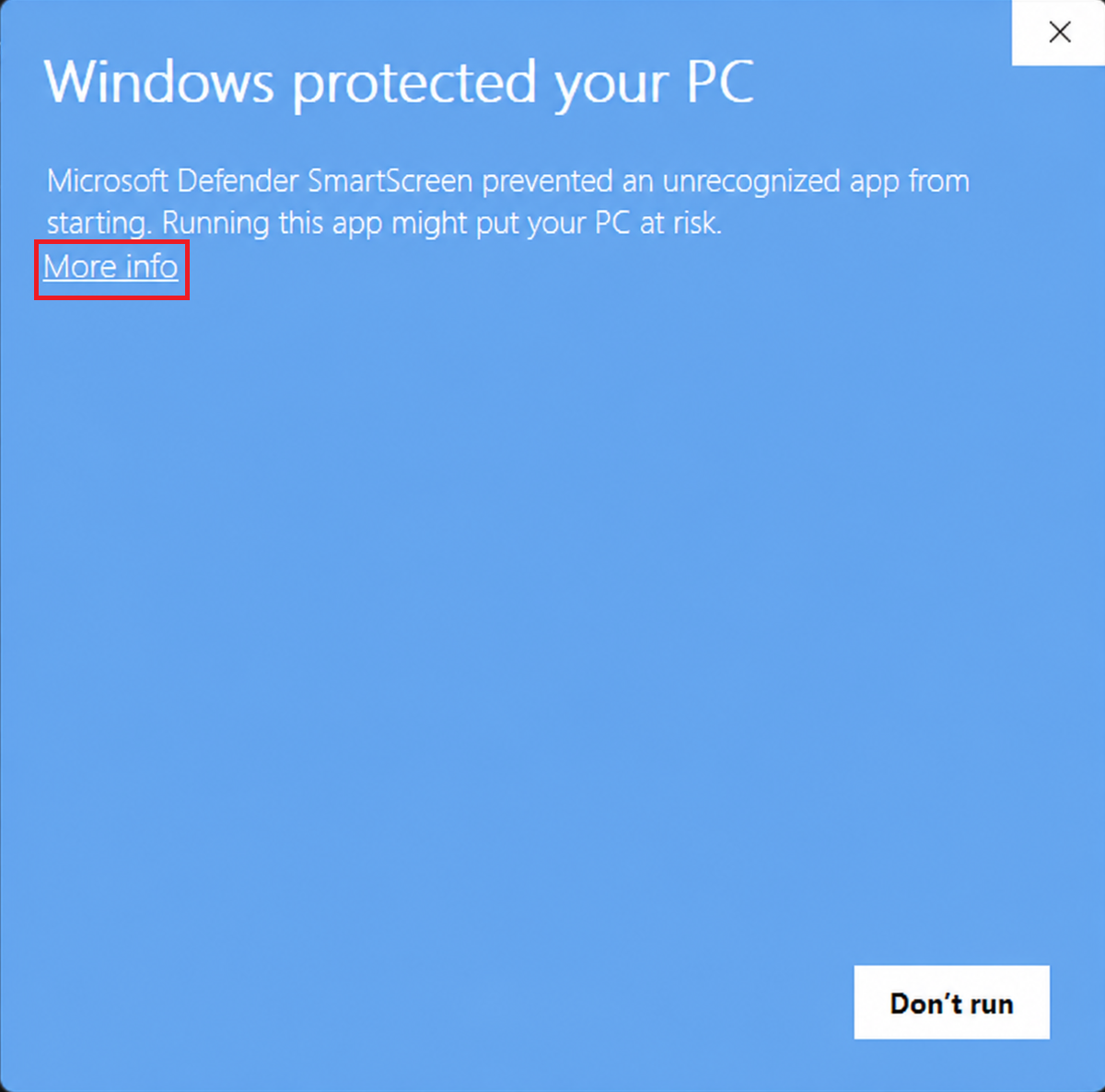 Windows SmartScreen message showing the More info option